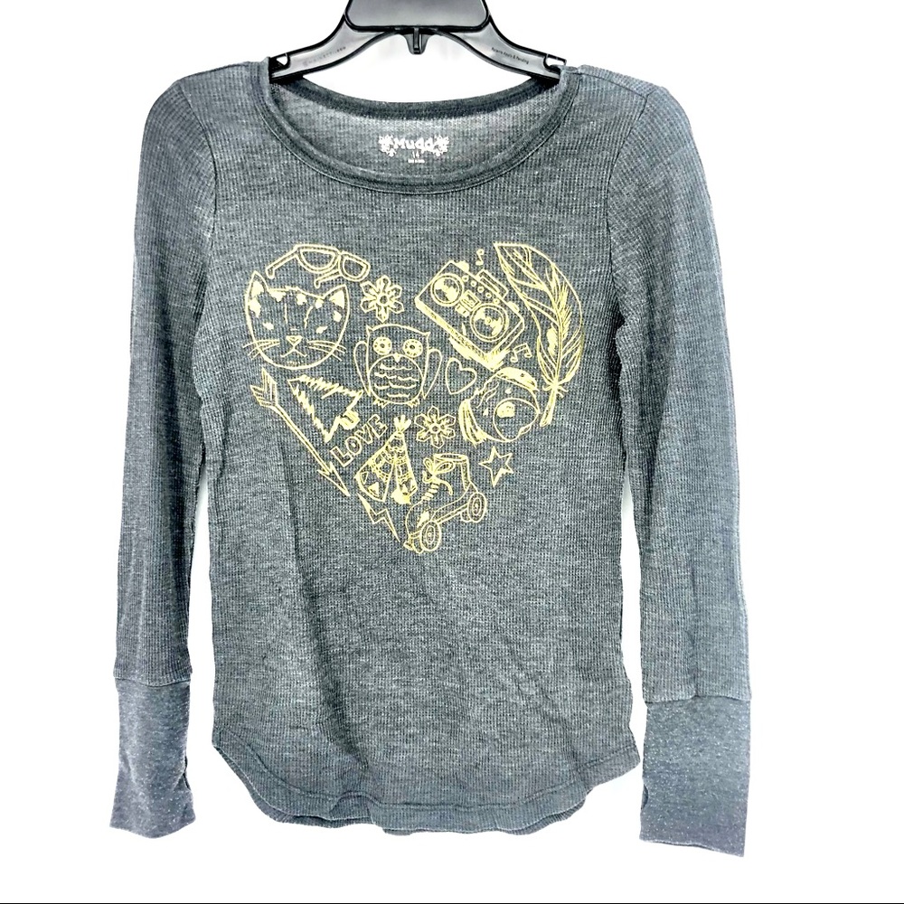 Mudd Girls Size 14 Gray & Gold Boho Graphic Thumbhole Long Sleeve Thermal Tee